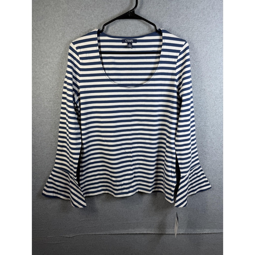 Chaps Shirt Womens Large Blue‎ White Striped Bell Sleeve Scoop Neck Jersey Top